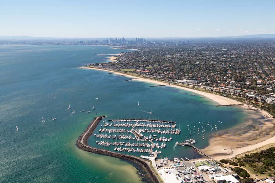 Melbourne: Brighton Beach & Ricketts Point Helicopter Flight - Brighton Beach bathing boxes from the air